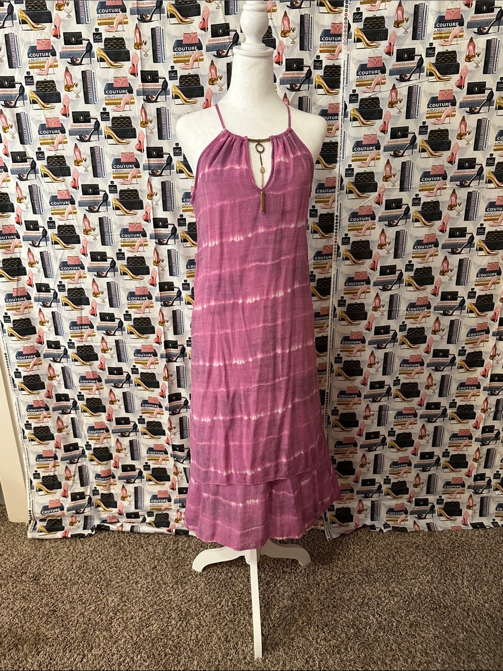 Mlle Gabrielle Pink Tie-Dye Halter Maxi Dress with Keyhole Ring